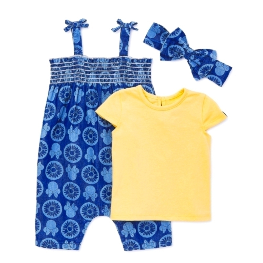 New Disney Minnie Mouse Baby Girls Romper, Tee and Headband 3 piece size 6/9 mon